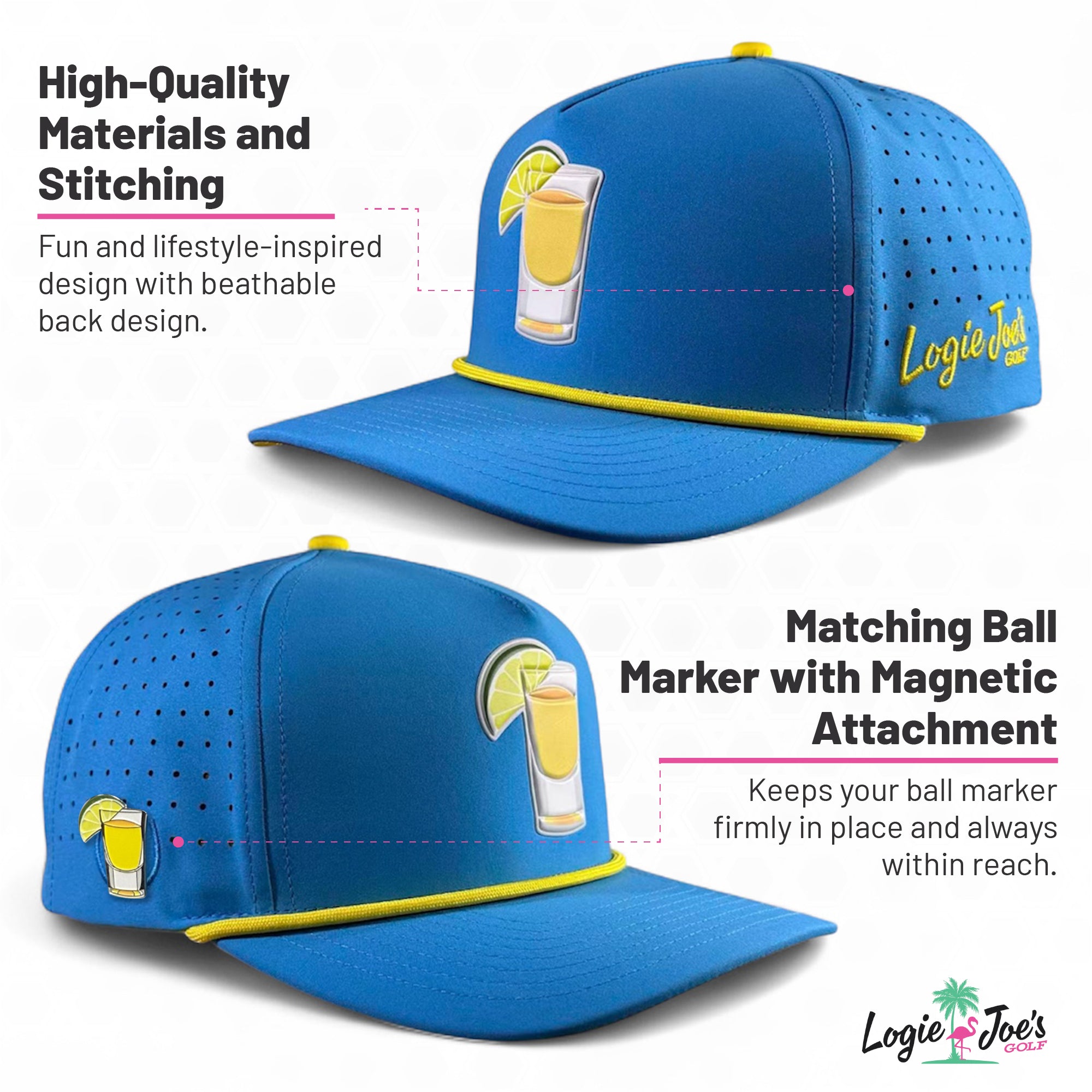 A.Jogie Loe's Flamingo Golf Hat | Snapback Cap | Built-in Magnetic Ball Marker Holder + Marker Included | Adjustable Flamingo