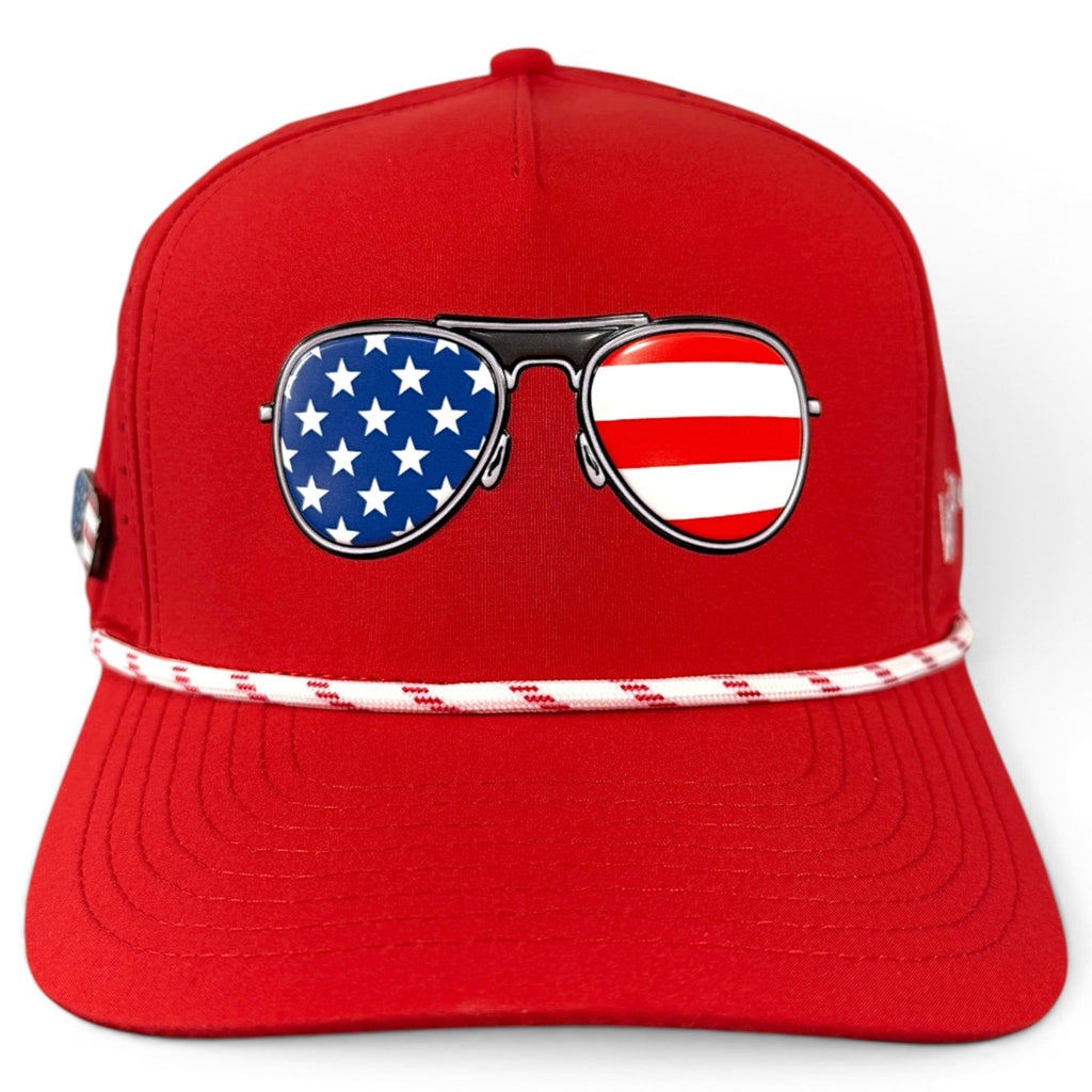 A.Red, White & View Golf Hat | Snapback Cap | Built-in Magnetic Ball Marker Holder + Marker Included | Adjustable USA Shades
