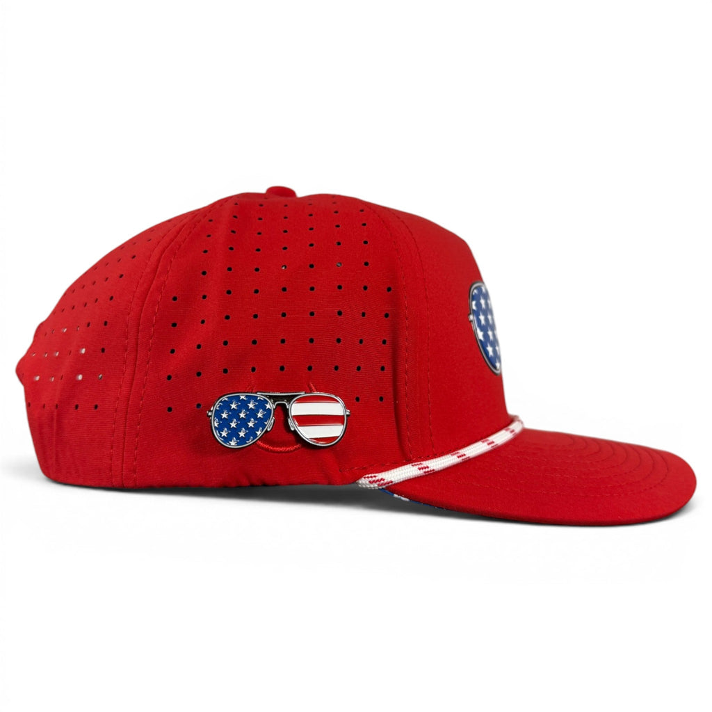 A.Red, White & View Golf Hat | Snapback Cap | Built-in Magnetic Ball Marker Holder + Marker Included | Adjustable USA Shades