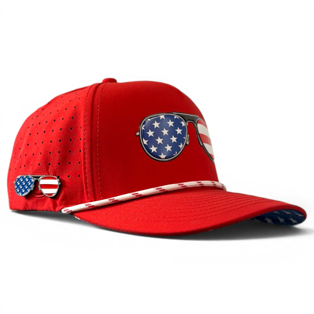 A.Red, White & View Golf Hat | Snapback Cap | Built-in Magnetic Ball Marker Holder + Marker Included | Adjustable USA Shades