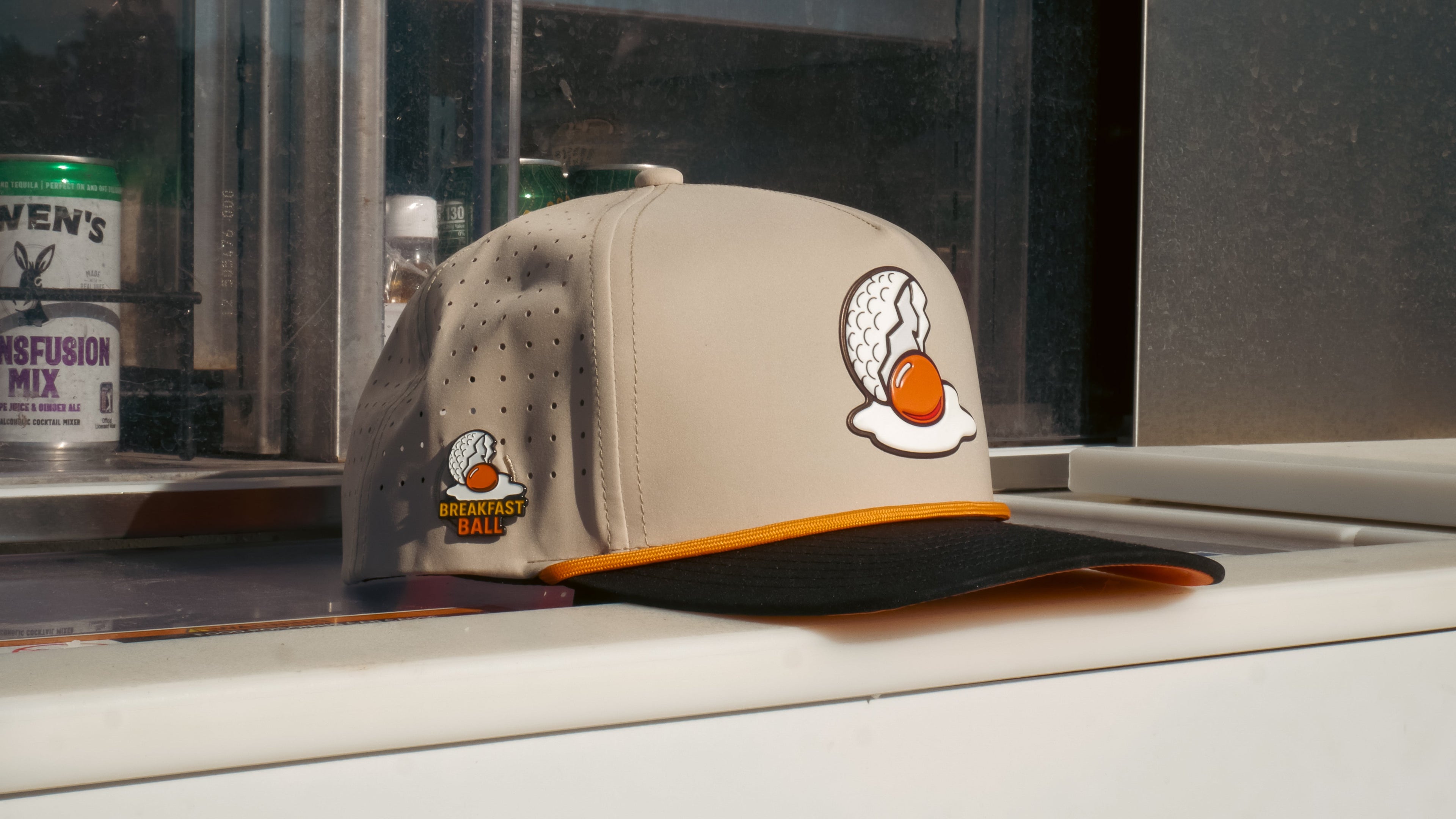 7.1Breakfast Ball Golf Hat | Snapback Cap | Built-in Magnetic Ball Marker Holder + Marker Included | Breakfast Ball | Adjustable | Mulligan Tan