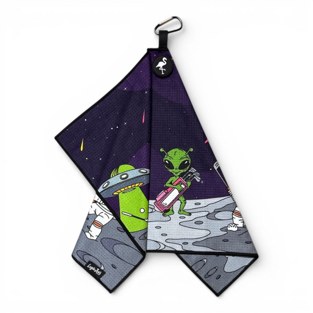 T.Mission to Pars Golf Towel | Premium Double-Sided Microfiber | Heavy-Duty Magnetic Towel with Carabiner Clip | 24 x 16 in | Astronaut | Space | UFO