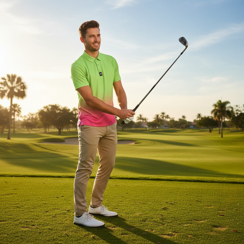 AM.Men's Watermelon Sunset Golf Polo | Performance Stretch Golf Shirt | Moisture-Wicking Athletic Polo