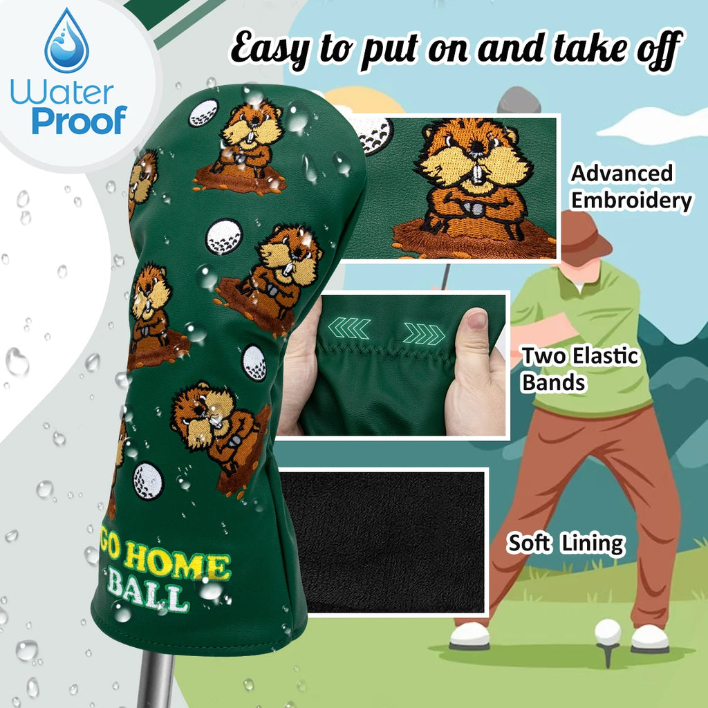 Green Leather Groundhog Golf Driver Fairway Wood Hybrid/UT  Headcover Club Head Cover High Quality Embroidery