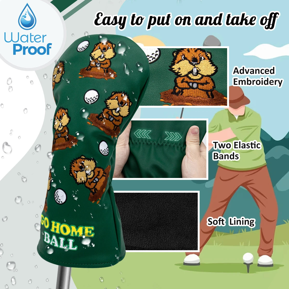Green Leather Groundhog Golf Driver Fairway Wood Hybrid/UT  Headcover Club Head Cover High Quality Embroidery